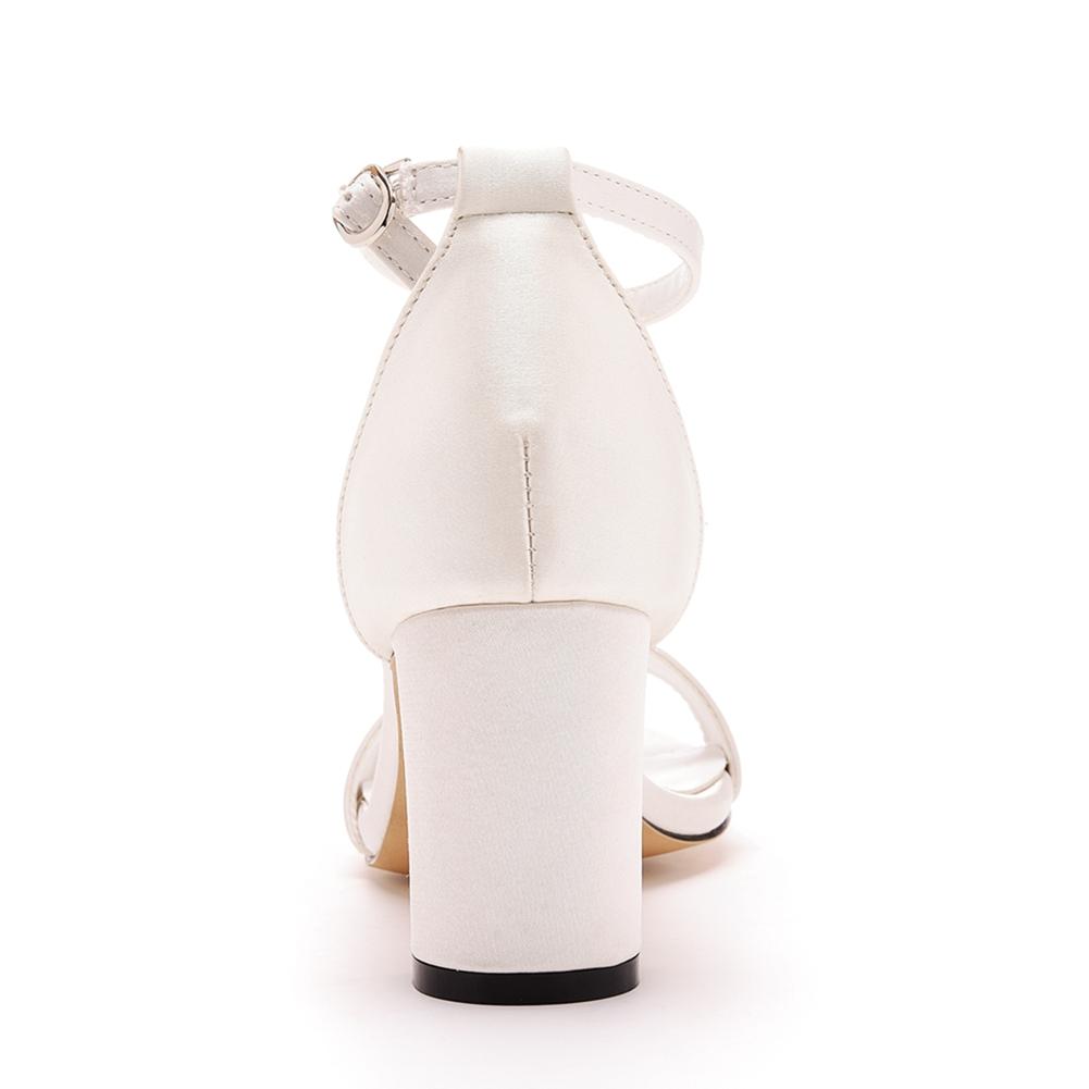 Crystal Queen Women White Silk High Heels Summer Peep Toe Buckle Strap Square Sandals Lady Shoes
