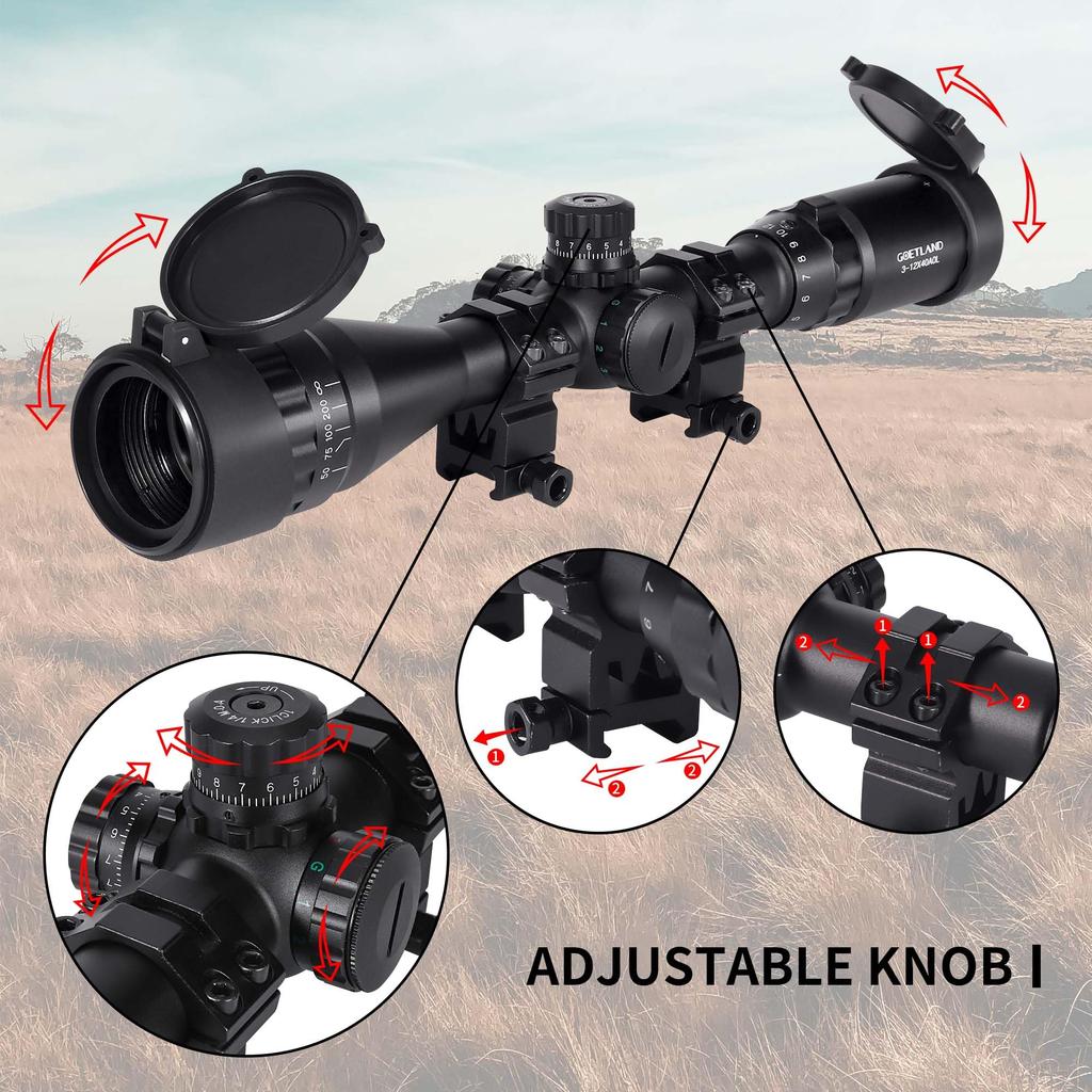 Goetland 3-12x40 AO Riflescope with Variable Magnification, Red, Green, and Blue Illuminated Reticle and Crosshairs, SFP Optical Sight for Airsoft,
