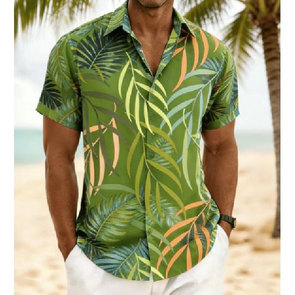 Men's short-sleeved shirt, spring and summer Hawaiian vacation-style loose-fitting casual shirt