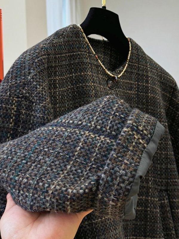 Women's Korean Plaid Woolen Coat – Autumn/Winter Petite, Long-Sleeved