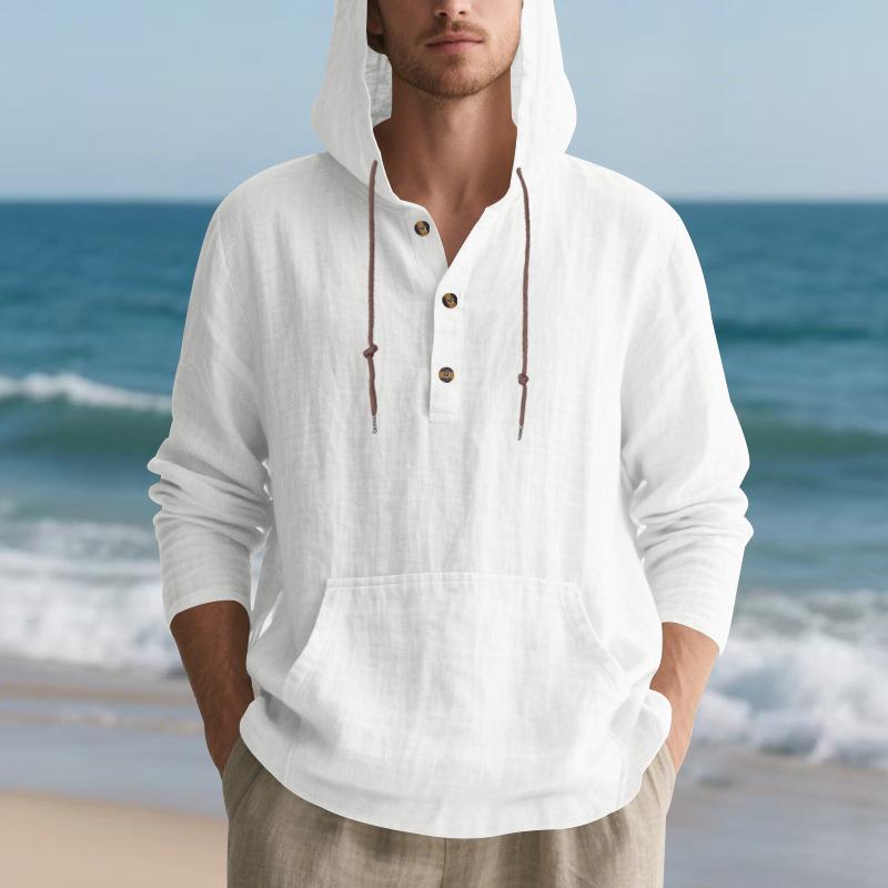 Men's Autumn Sports Casual Long-Sleeved Shirt Cotton-Linen Blend Hooded Pullover Sweatshirt Versatile Loose-Fit Beach T-Shirt