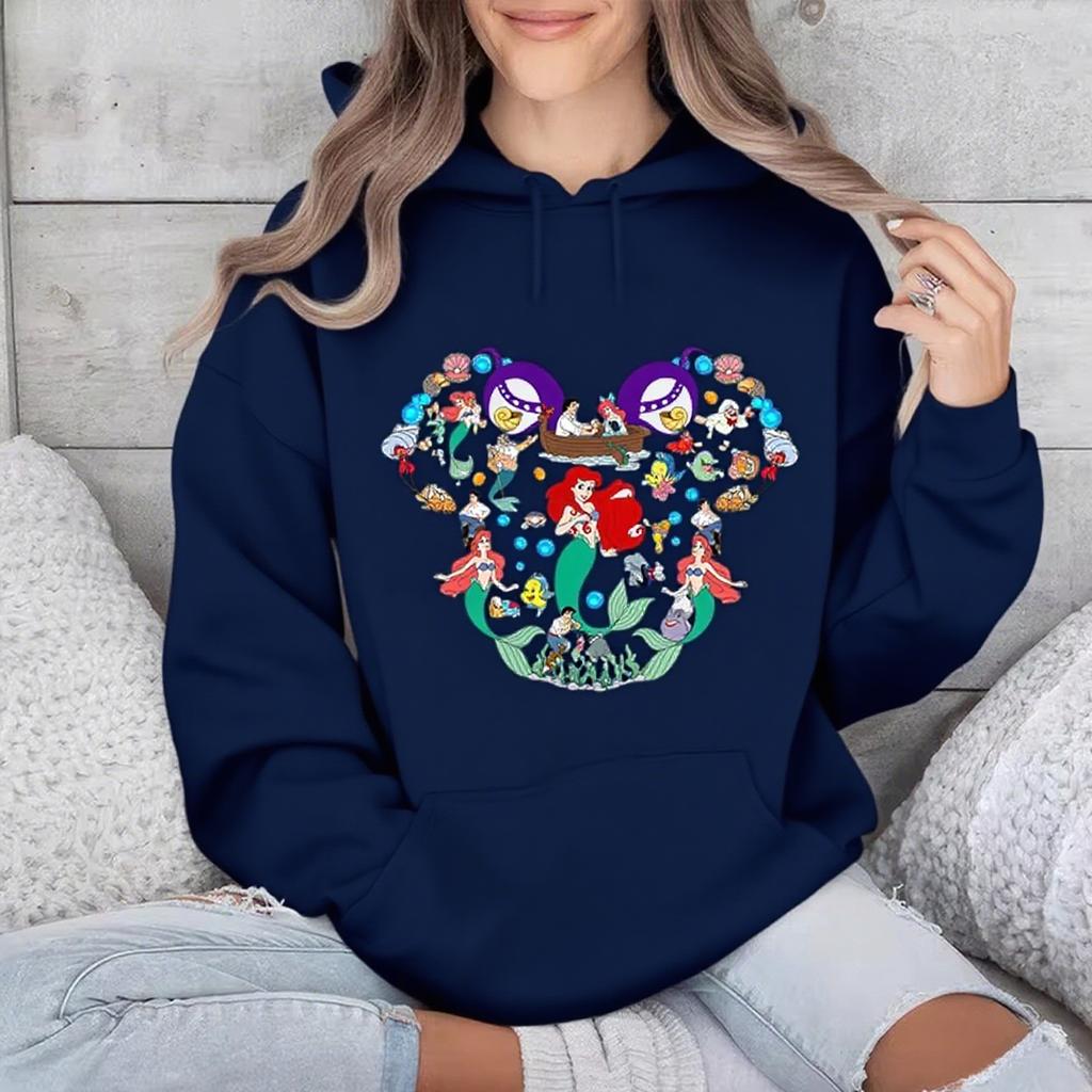 Disney Parent-child Outfits for Girls, Little Mermaid Printed Women's Multi-color Hoodie, Casual Sportswear, Loose Top