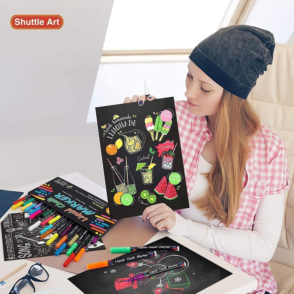 Shuttle Art Chalk Markers for Liquid Chalk Set with Pen Tips and Adhesive for LED and Offices Blackboards, Pens, 24-Color Labels, Water-Erasable,