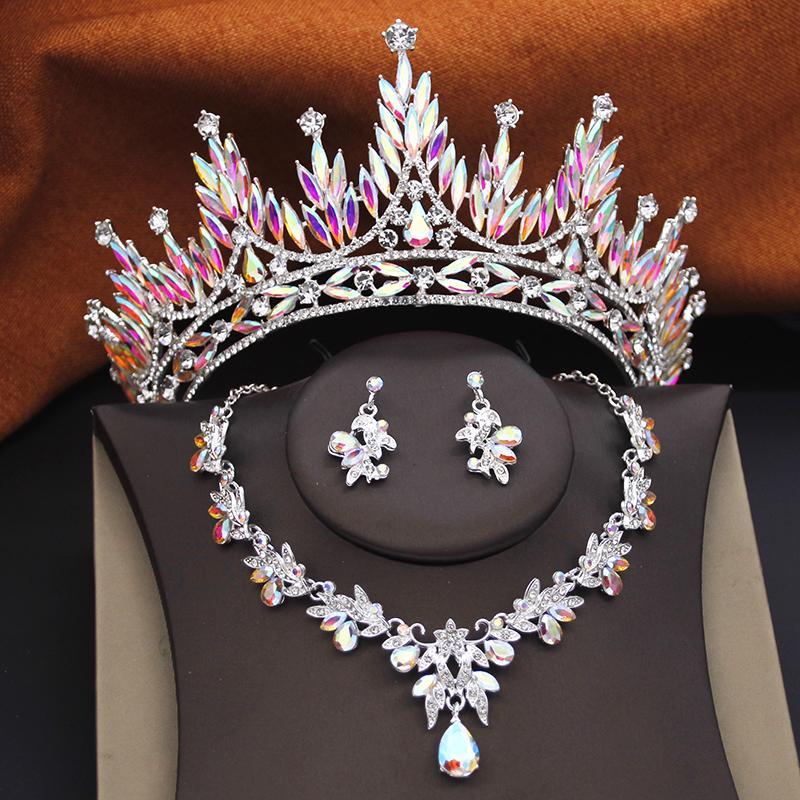 Green Bridal Jewelry Sets for Women Wedding Crown Girls Tiaras and Necklace Earrings Bride Party Costume Jewelry Accessories