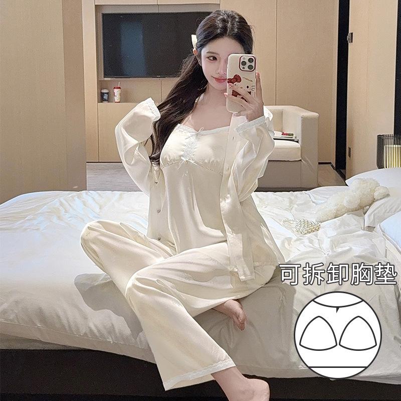 Vernis Spring and Summer Ice and Snow Silk Pajamas Female Sexy Suspenders Lace with Chest Pad Three-piece Set Imitation Silk Loungewear