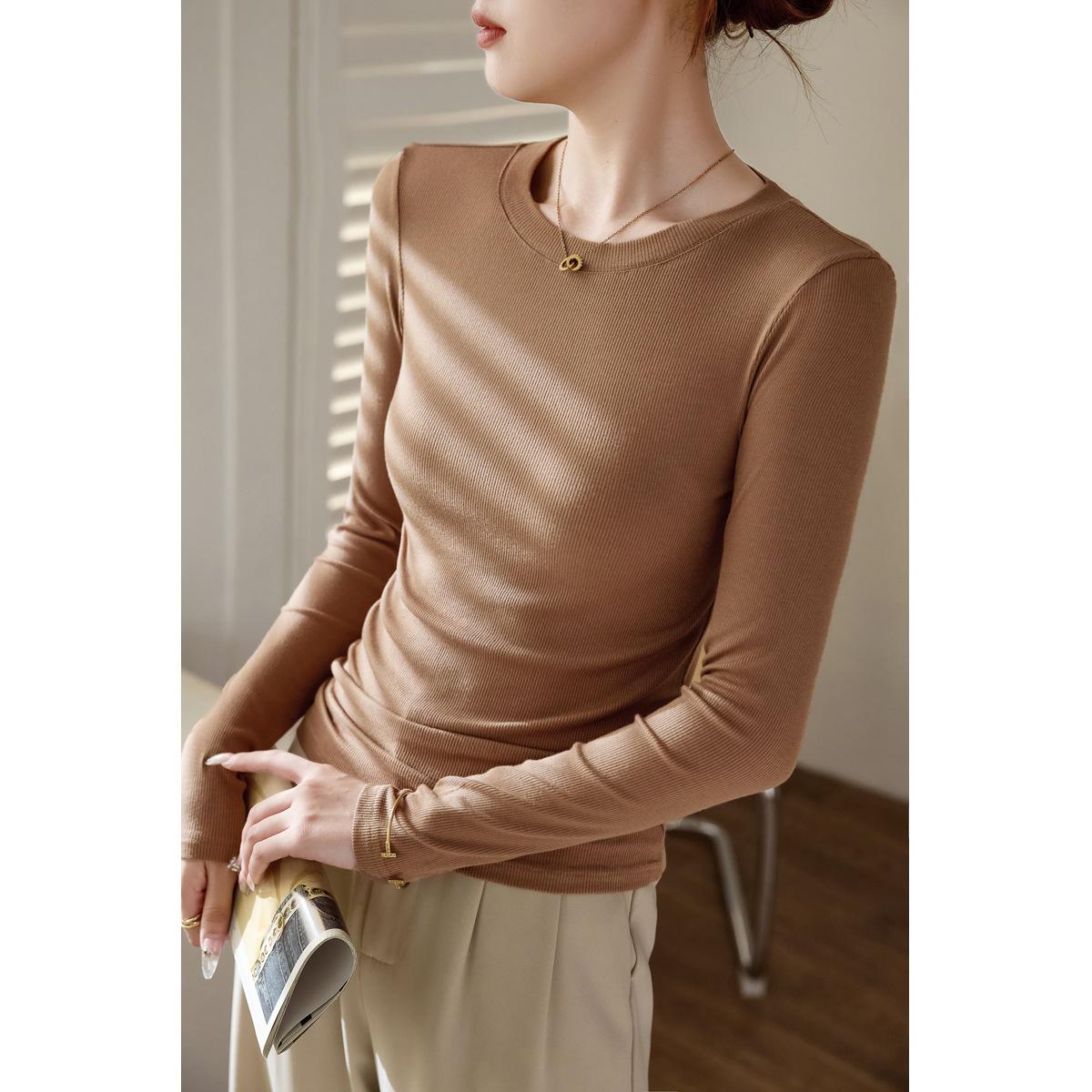 T-shirt de base à manches longues en coton à mailles fines 300g pour femmes, automne, nouveau, polyvalent, slim 2XL brown