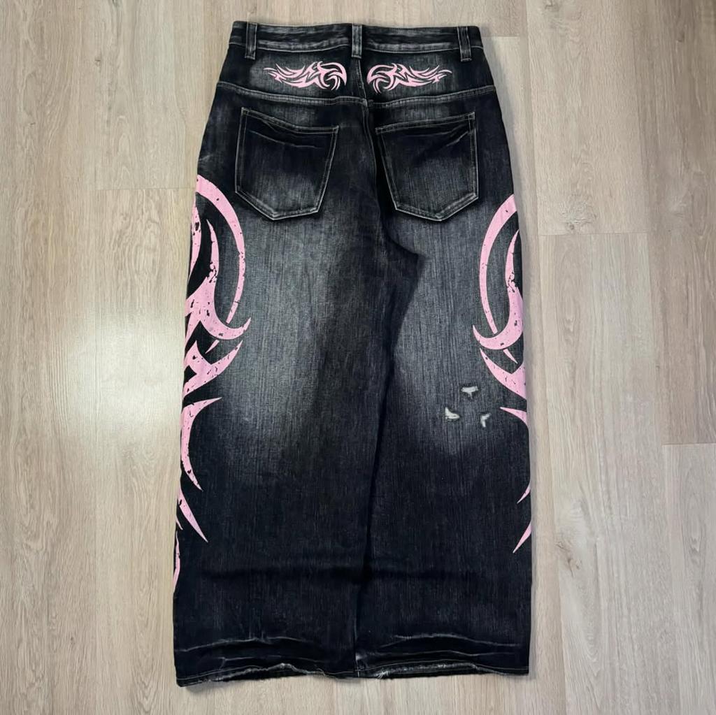RogueWave Y2K Rosa Baggy Jeans Vintage Trykkmønster Vasket Ripped Jeans Hip Hop Streetwear Harajuku Menn Kvinner Casual Vide Ben Jeans