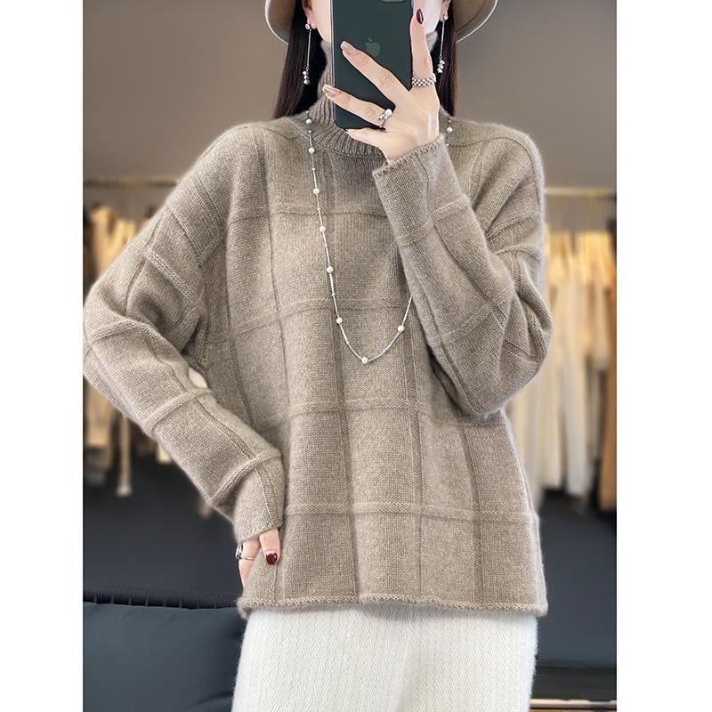 

Ретро универсальный клетчатый свитер с высоким воротником женский свободный пуловер с длинным рукавом топ осень и зима верхняя одежда модный и простой стиль 46-81 (average size) верблюд