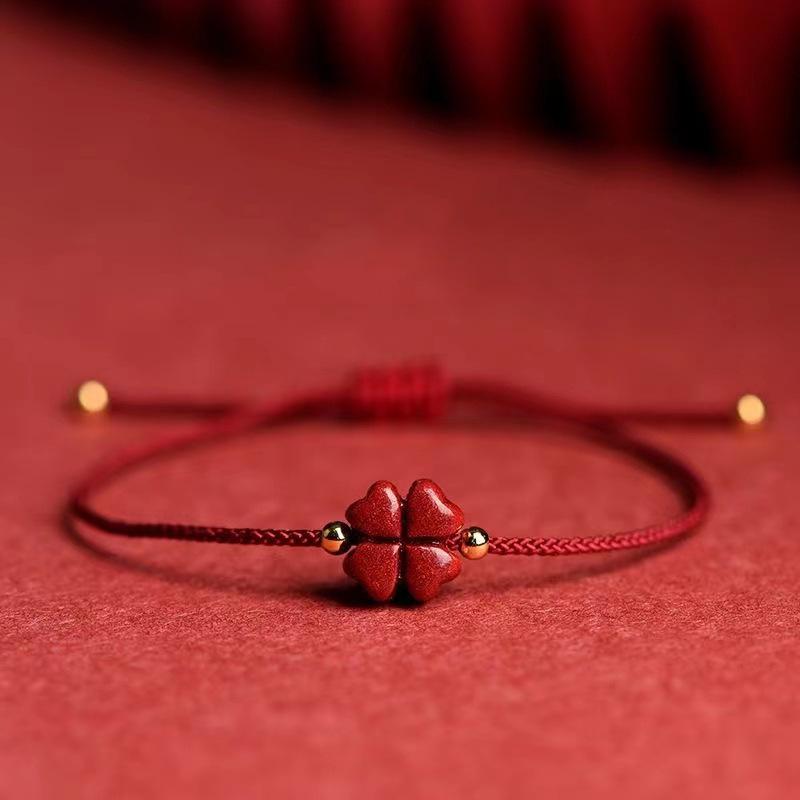 Hot Selling Cinnabar Four-Leaf Clover Bracelet: Fashionable, Versatile, Simple Red Rope Zodiac Year Hand Accessory