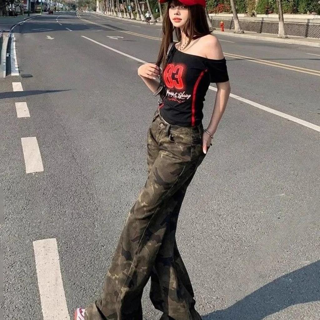 Damen Niedrige Taille Schlagjeans Lässige Camo Denim Hose Vintage Streetwear Hose