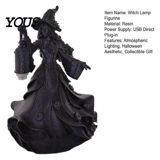 Festive Party Centerpiece Halloween Witch Lamp Figurine, Stained Glass Hat Night Light, Gothic Table Dark Holiday Decoration Resin Spooky Lantern for