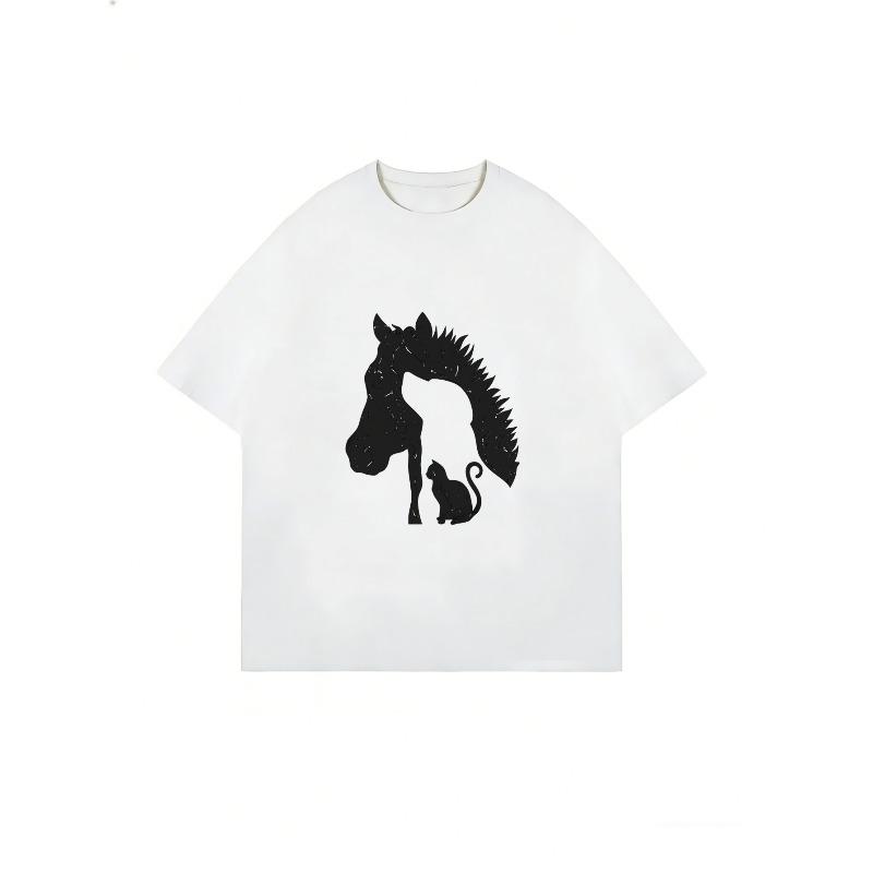 Women Casual Short Sleeve T Shirt White Horse And Cat Silhouette Print Summer Top For Everyday Wear