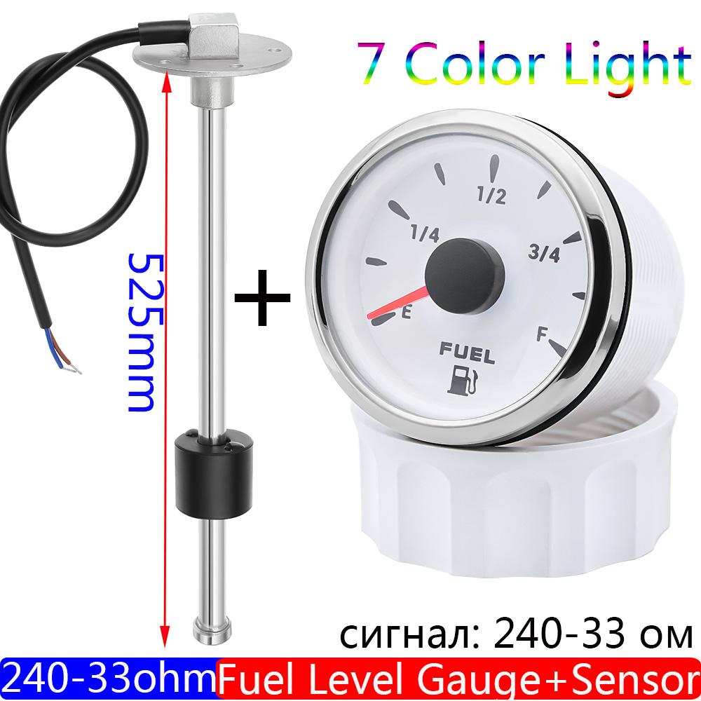 Waterproof 7 Color Backlight 52mm Fuel Level Gauge 240-33ohm Fuel Level Sensor 100~550mm for Car Marina Boat Yacht 12V24V