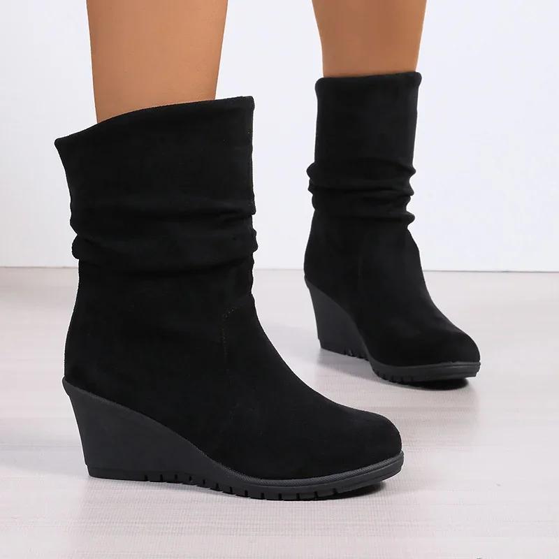 Fashion Large Slope and Wrinkle Cross Border European and American Mid Length Boots 2024 Autumn Thick Bottom Foreign Trade Suede