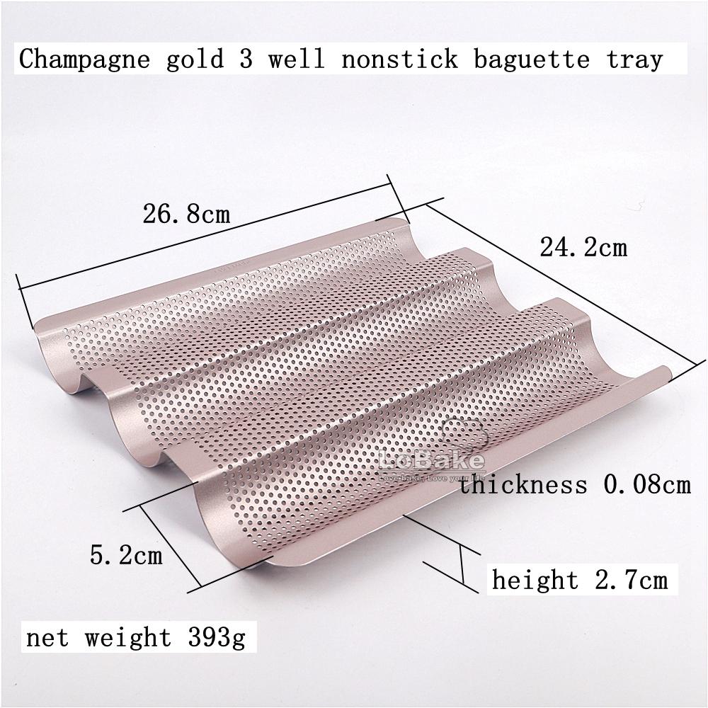 2 Sizes 3 Well Champagne Gold Colour Nonstick Coating Perforated Baguette Tray Pan French Bread Mold Baking Equipment