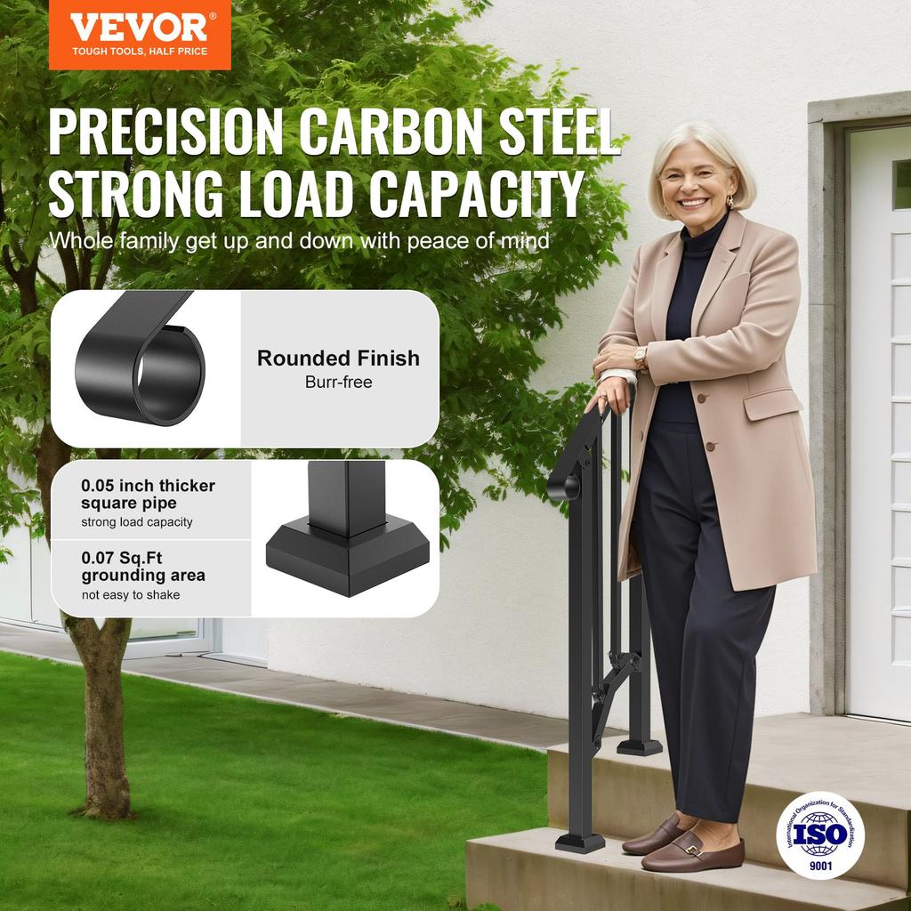 VEVOR Handrails for Outdoor Steps, 1-2 Step Stair Hand Rail Kit, Transitional Carbon Steel Railings with Installation Kit, Stair Rails for Seniors