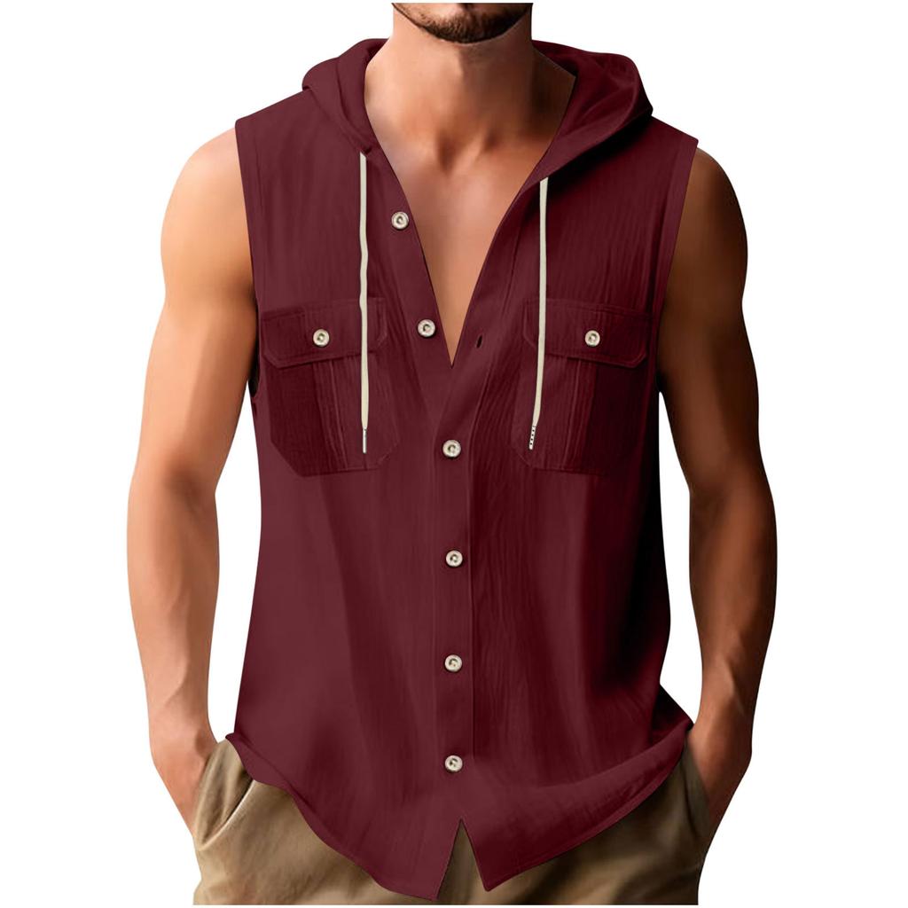Men's Sports Casual Sleeveless Cotton Linen Hooded Loose Beach T-Shirt