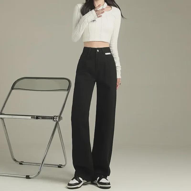 Black High-Waist Leather Straight-Leg Denim Pants - Women's Loosely Fitted Autumn Design