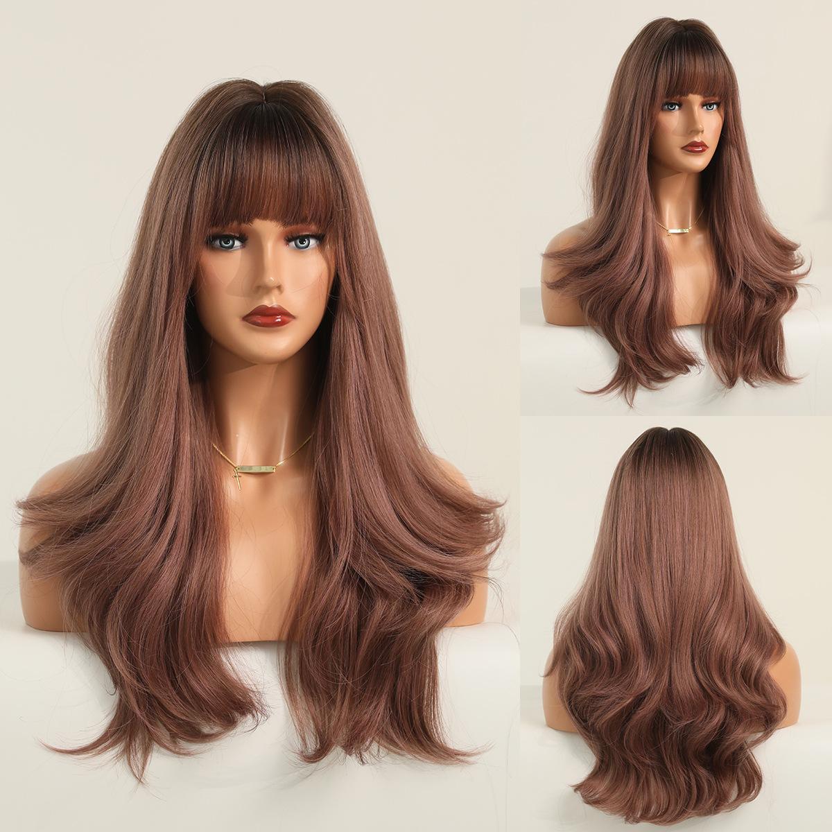 

Жіноча імітація перуки 62 см, довге закручене волосся, повна голова, головний убір, троянда, сітка для волосся, головний убір, косметична перука 62cm 24inch рожевий коричневий колір