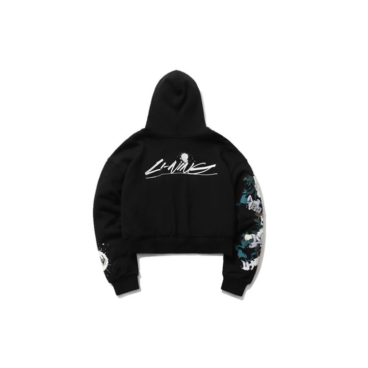 Li Ning X Og Slick Collaboration Sports Fashion Series Printed Short Loose Hoodie Women Hoodies Black AWDR234-1