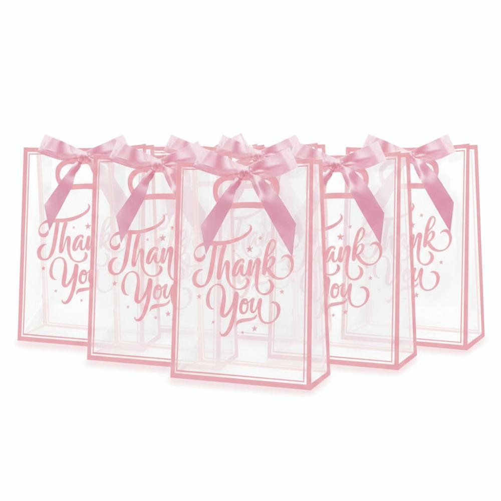 

5Pcs Set Reusable Portable Favor Bag Clear with Ribbon Flower Bag PVC Die Cut Handles Gift Bag 26x18x8cm розовый