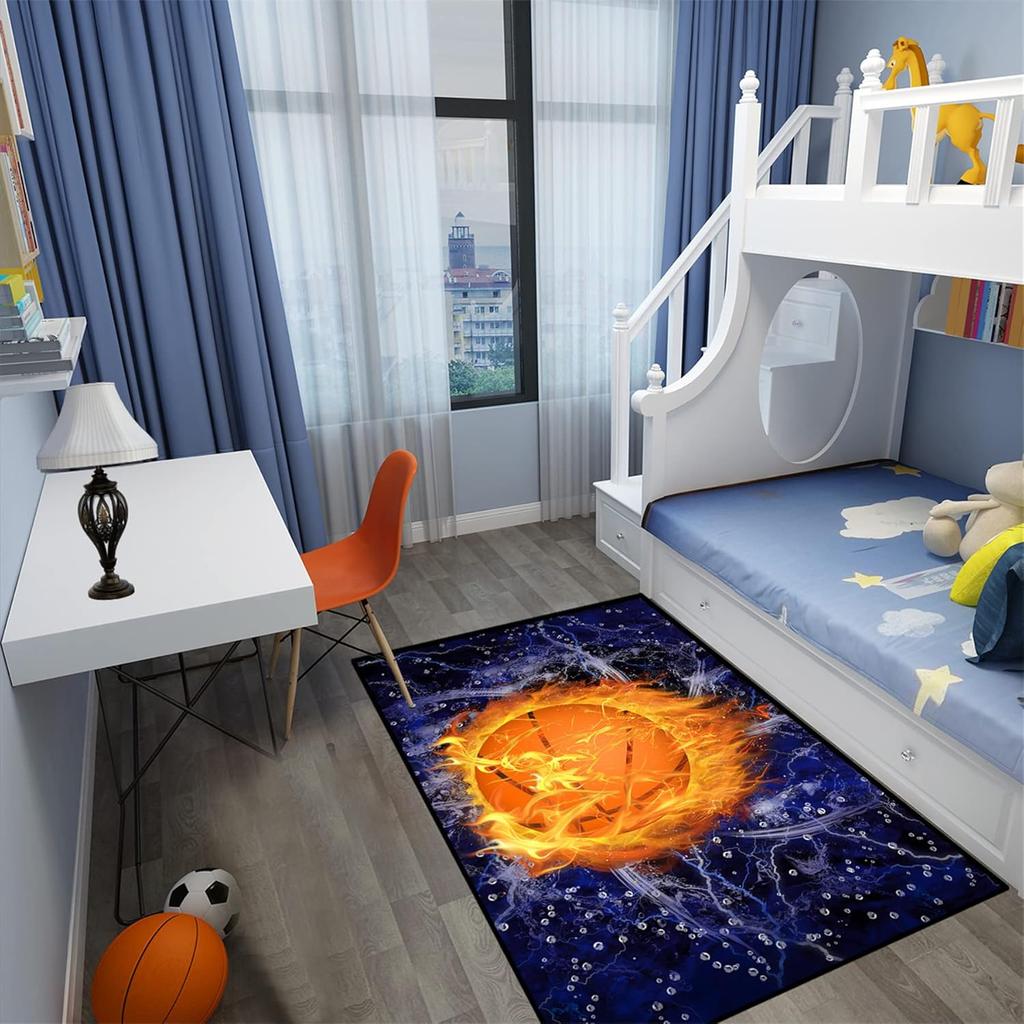 Flammen-Print Basketballteppich für Jungenzimmer und Spielzimmer, Rutschfester Sportteppich, Wohnzimmerdekoration