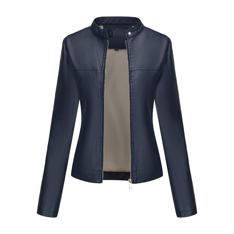 Spring and Autumn New Casual Leather Clothing Women's Fashion Street European and American Size Stand-up Collar Jacket Motorcycle Clothing Jacket
