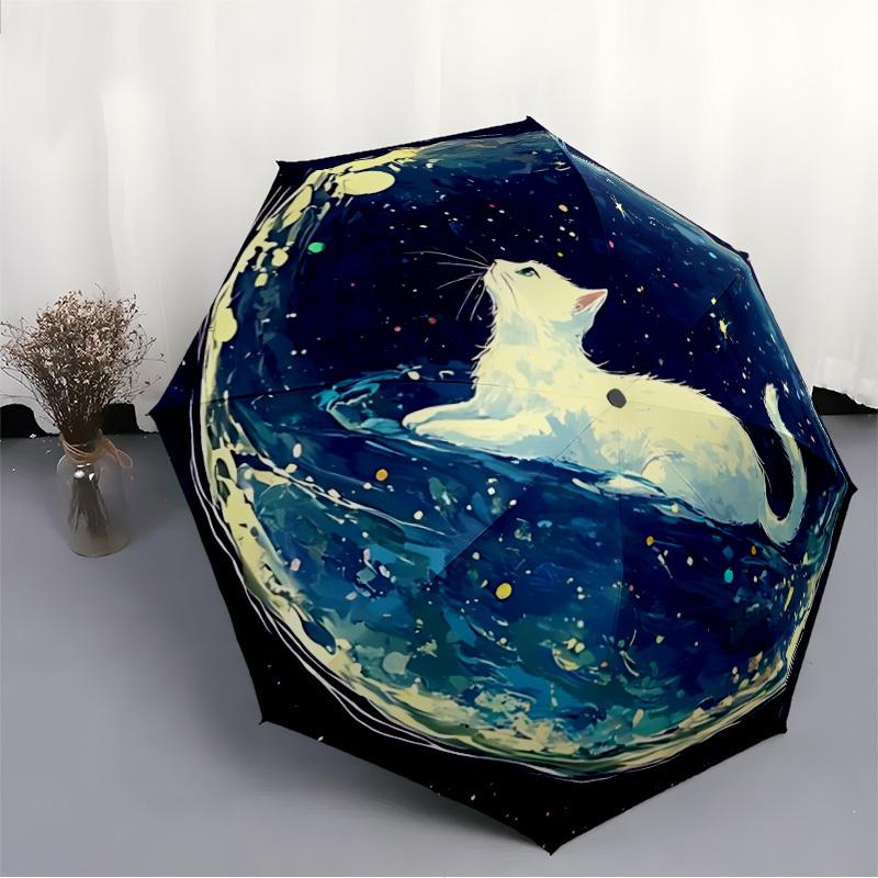 1pc Galaxy Cat Fashionable Automatic Opening/Closing Folding Umbrella with 8 Bones, Windproof Portable, Daily Use221