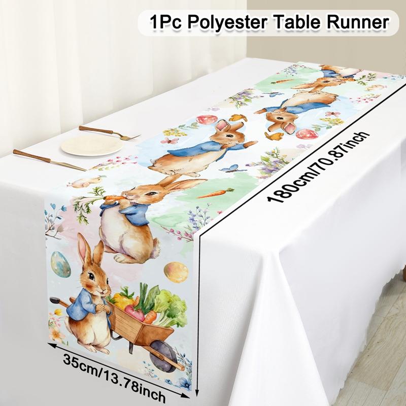 Vintage Easter Bunny Table Runner Polyester Rabbit Eggs Flower Table Flag Easter Decorations For Home Kitchen Dining Table Decor