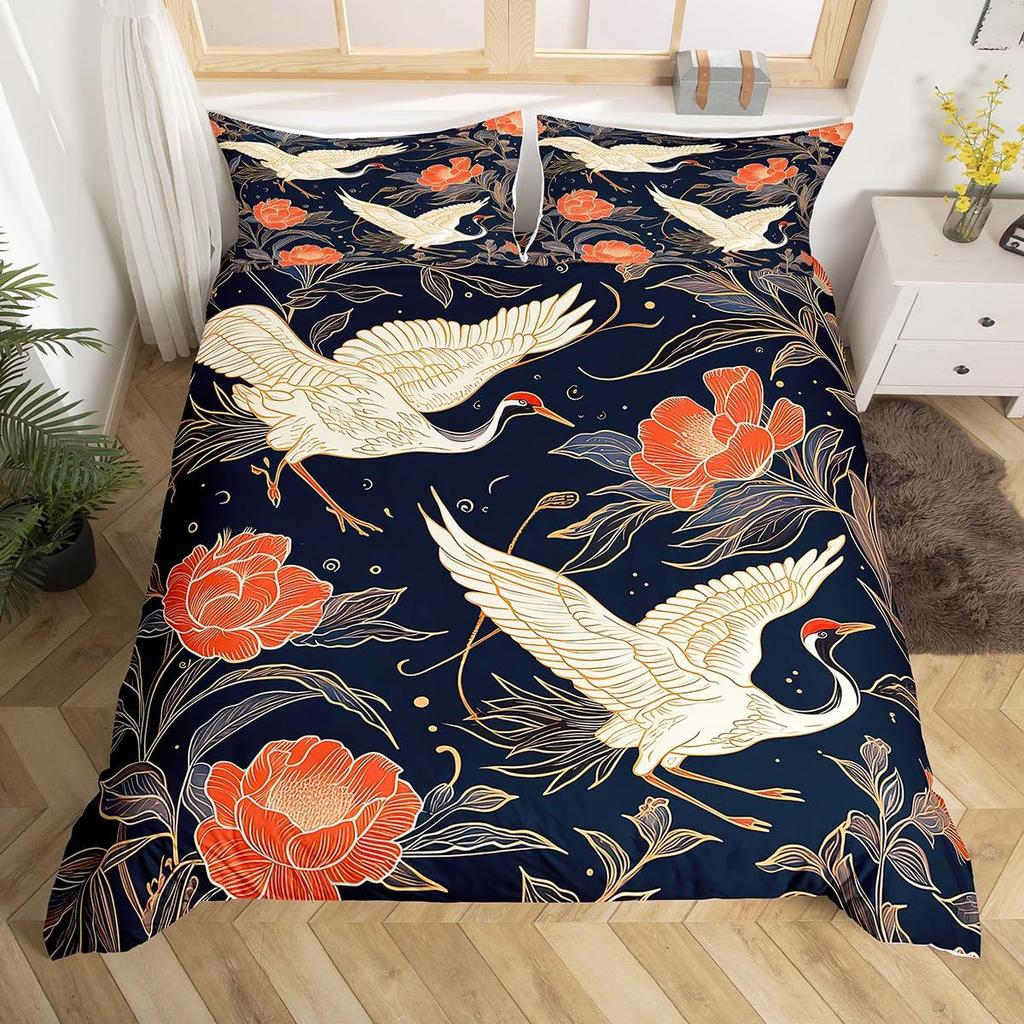 Crane Duvet Set Japanese Tree Bedding Three-Piece Room Decoration Animal Ukiyo-E Style Quilt Cover