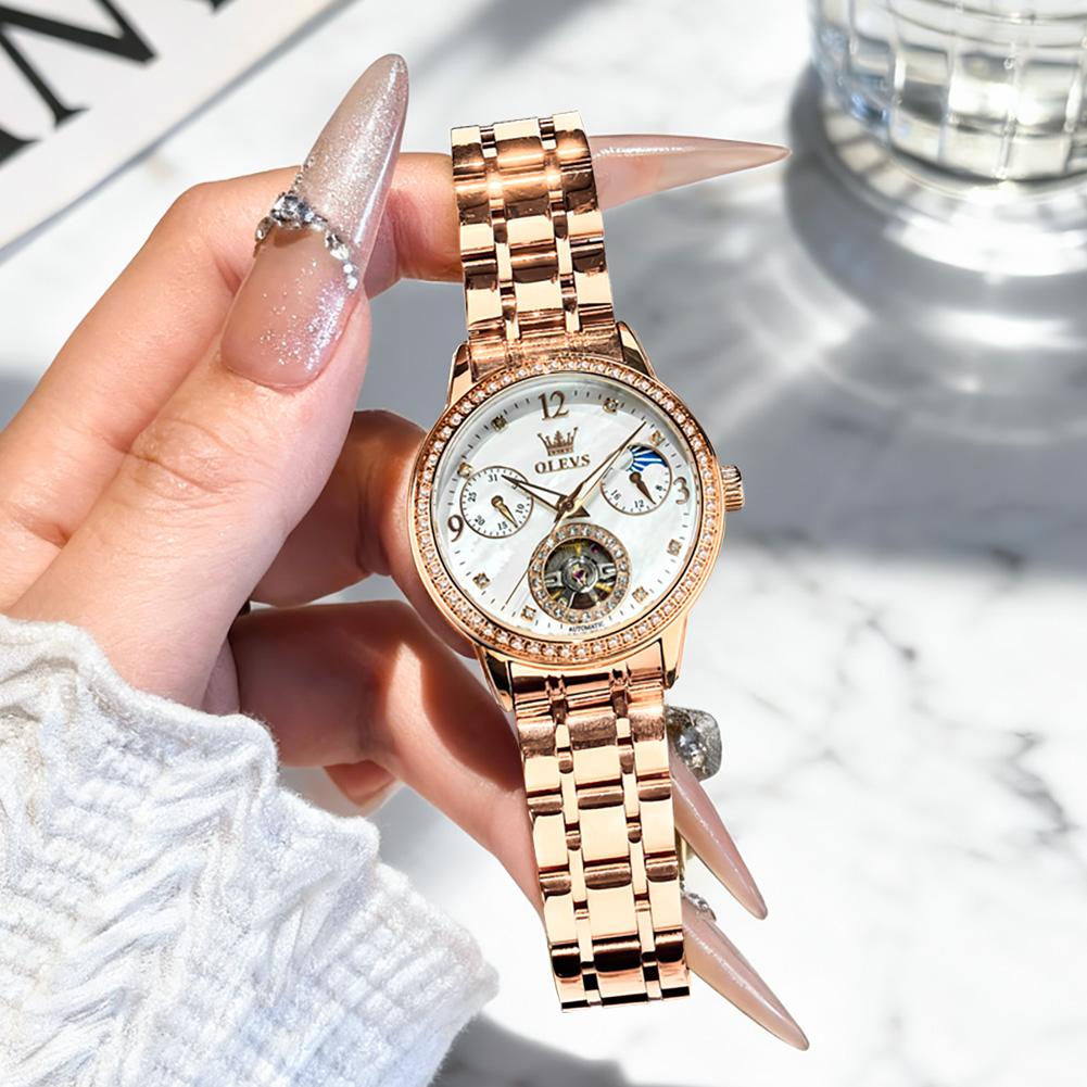 OLEVS Women's Watches Top Brand Luxury Fashion Fine Steel Original Automatic Mechanical Wristwatch Necklace Bracelet Gift Box