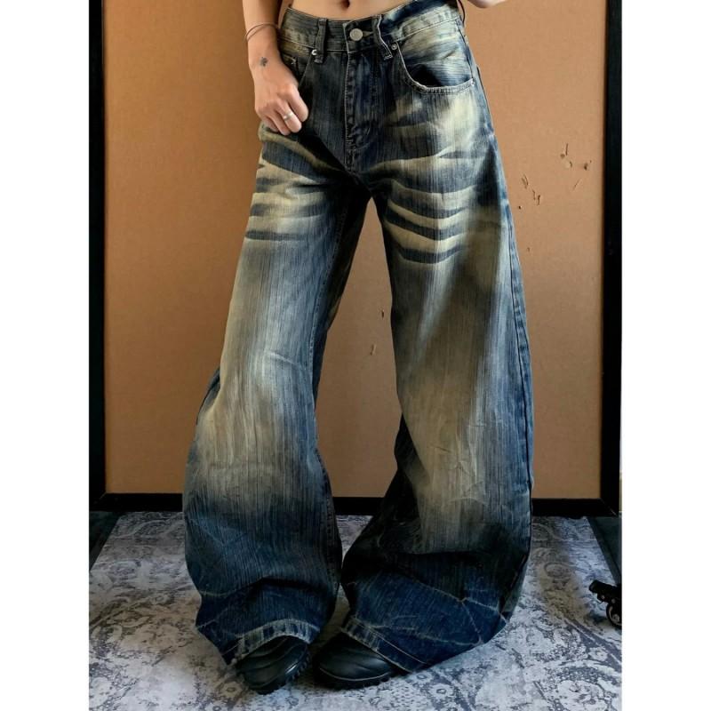 Vintage Washed Distressed Denim Jeans Men Women Loose Straight Leg Wide Fit Casual Trousers Collection