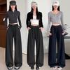 Women's High Waist Gray Striped Wide-Leg Pants - Early Spring 2026 Casual, Slimming, Relaxed Fit
