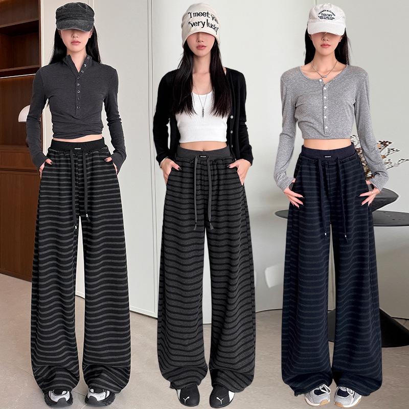Women's High Waist Gray Striped Wide-Leg Pants - Early Spring 2026 Casual, Slimming, Relaxed Fit