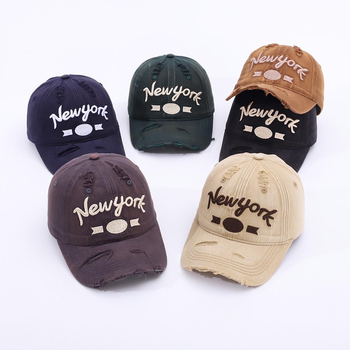 Charm Clothings Women's Green New York Embroidery Ripped Baseball Cap Vintage Vintage Wide Brim Denim Men's And Spring And Autumn Duck Tongue Cm