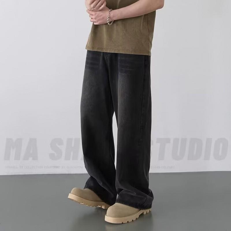 Mens Relaxed Straight Fit Denim Jeans Vintage Washed Cotton Blend Mid-Rise Casual Trousers Fall