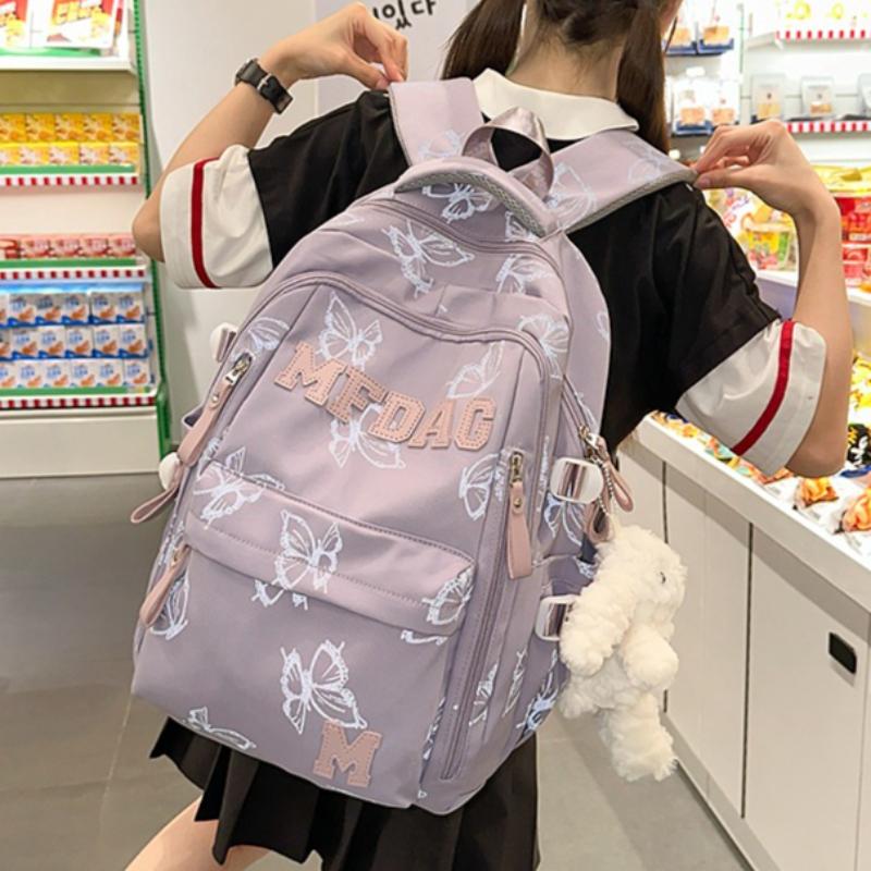 Fashionable Butterfly Printed Backpack Large Capacity Nylon Backpack Student Backpack with Multiple Pockets Suitable for Daily and Student Use