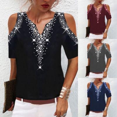 Damenmode, lässig, einfarbig, kurzärmelig, V-Ausschnitt, Blusen und Hemden