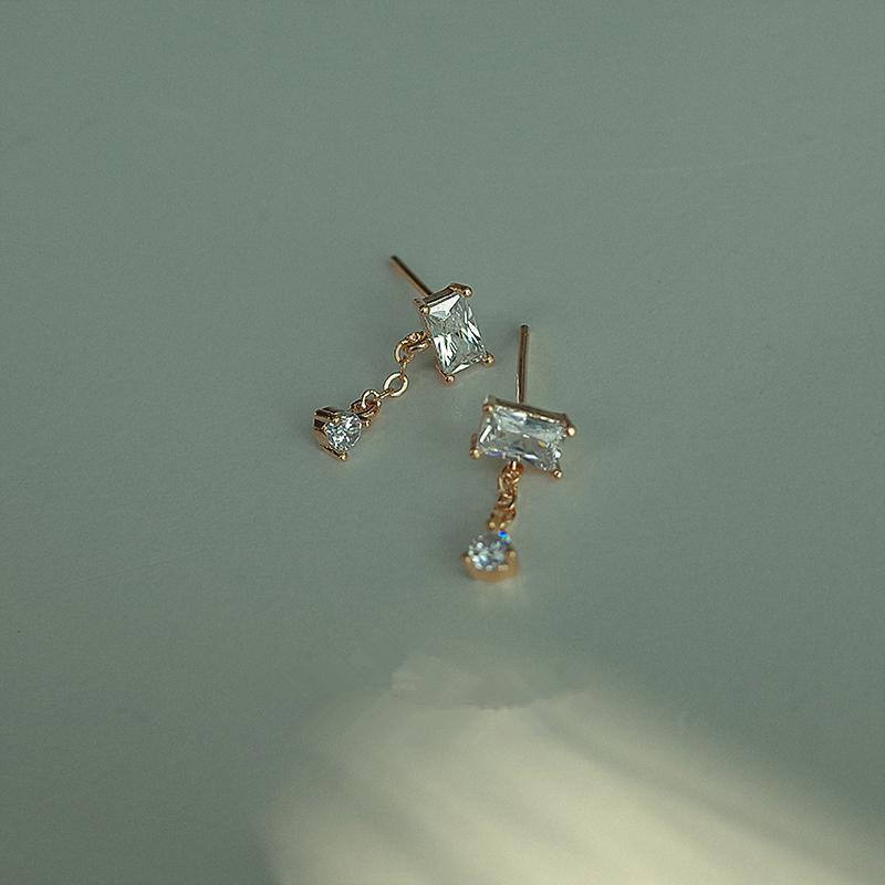 925 Sterling Silver Korean Simple Temperament Geometric Zircon Stud Earrings Women Plating 14k Gold Wedding Jewelry