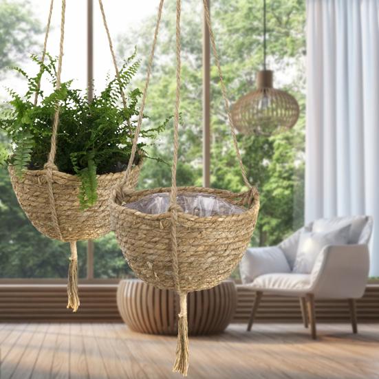 Straw Woven Basket Portable Suspended Wall Hanging Flower Plant Suspension Basket for Balcony