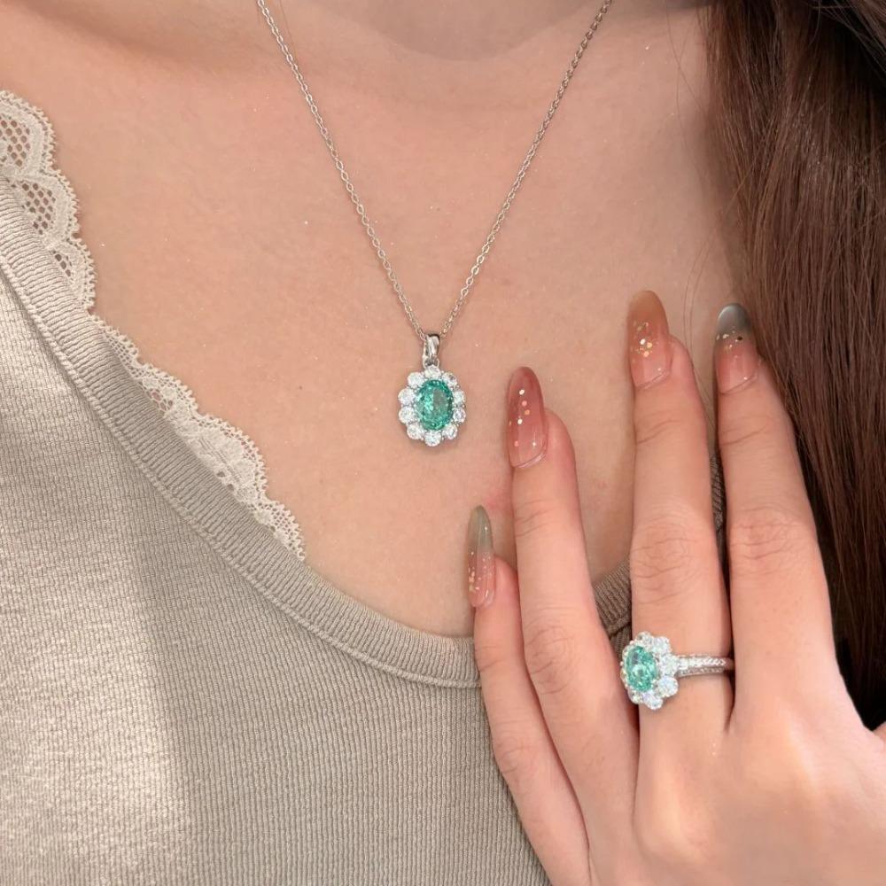 Women Jewelry Set Romantic Minty Paraiba Pendant Necklace Luxury Tanzanite Ring Gemstone Set