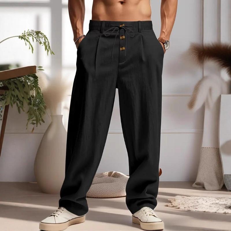 Men Linen Blend Drawstring Waist Wide Leg Pants Casual Beach Trousers With Pockets