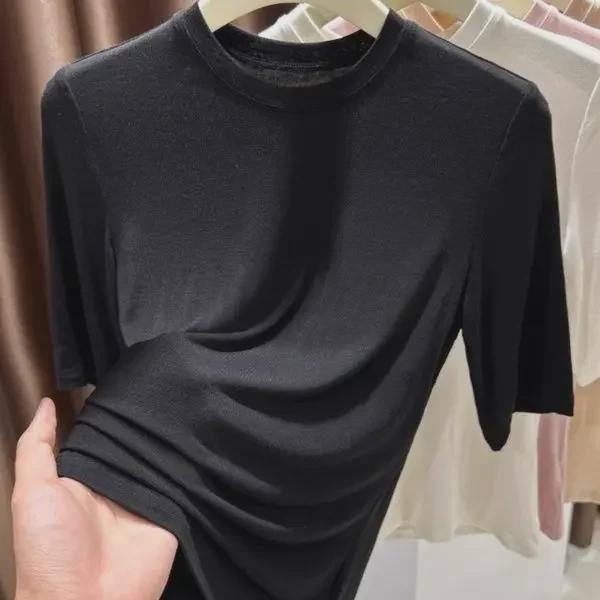 

Модальная розовая футболка в рубчик со средним рукавом для женщин - Летняя коллекция 2024 Black Modal Cotton