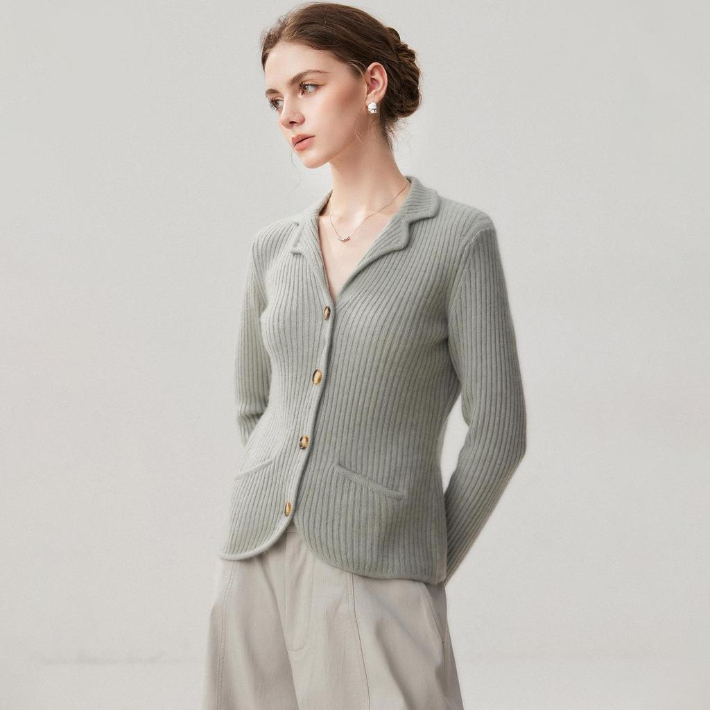 Women's Slim Fit Lapel Cashmere Cardigan - Autumn/Winter 2026 Striped Single-Breasted Elegant Base Layer