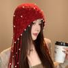 Pearl Tassel Fringed Beanie Cap Stretchable Pendant Headband Hat Knitted Pullover Hat  for Women