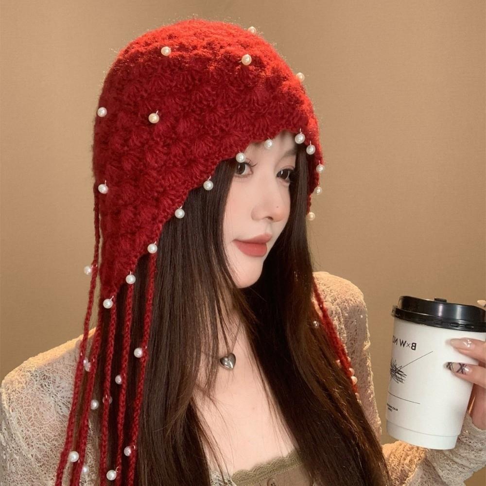 Pearl Tassel Fringed Beanie Cap Stretchable Pendant Headband Hat Knitted Pullover Hat  for Women
