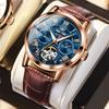 OLEVS Rose Gold Blue Perpetual Calendar Automatic Mechanical Watch Men's Luxury Leather Fashion Tourbillon Watches Reloj Hombre