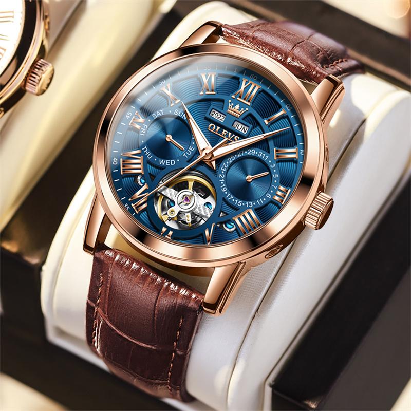 OLEVS Rose Gold Blue Perpetual Calendar Automatic Mechanical Watch Men's Luxury Leather Fashion Tourbillon Watches Reloj Hombre