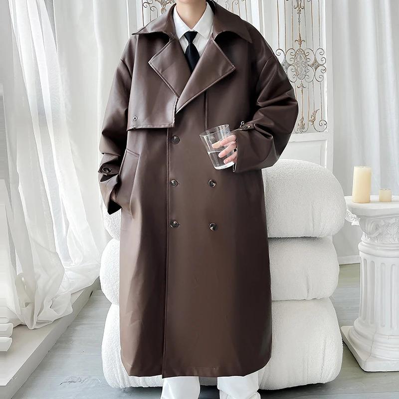 Autumn Men Long Black Pu Leather Jacket Men Oversized Cool Trench Coat Men Windbreaker Streetwear Double Breasted Luxury Clothes