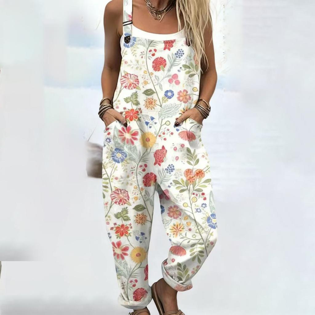 Women's Sleeveless Mid Rise 3D Digital Print Loose Casual Overalls Jumpsuit For Summer